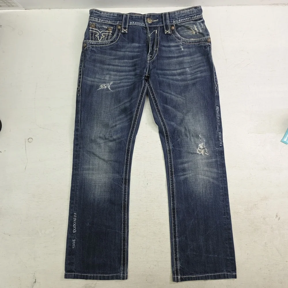 Rock Revival Paul Straight Jeans Men's 32x29 Distressed Dark Wash Thick Stitch